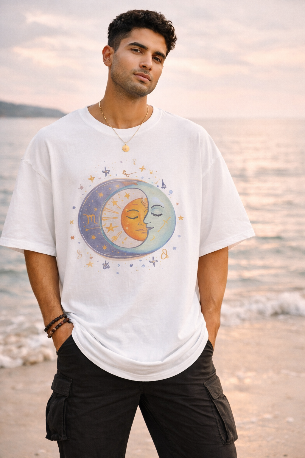 Astrologic India – Cosmic Energy Oversized T-Shirt for Men | Sun & Moon Graphic Tee