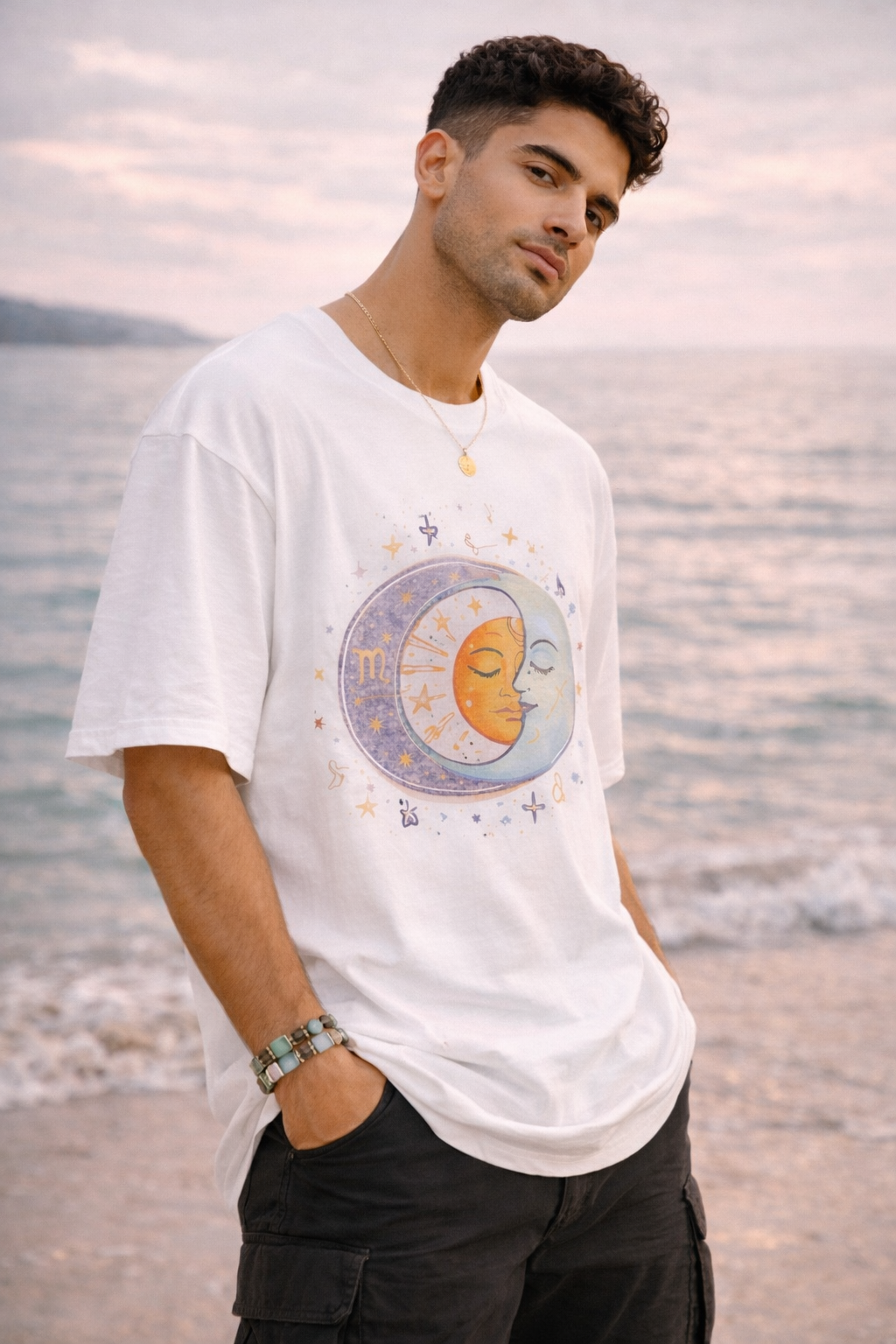 Astrologic India – Cosmic Energy Oversized T-Shirt for Men | Sun & Moon Graphic Tee