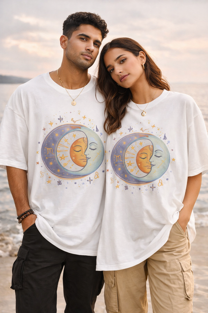 Astrologic India – Cosmic Energy Oversized T-Shirt for Women | Sun & Moon Graphic | Spiritual Aesthetic Tee