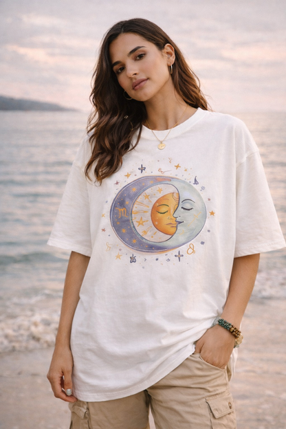 Astrologic India – Cosmic Energy Oversized T-Shirt for Women | Sun & Moon Graphic | Spiritual Aesthetic Tee
