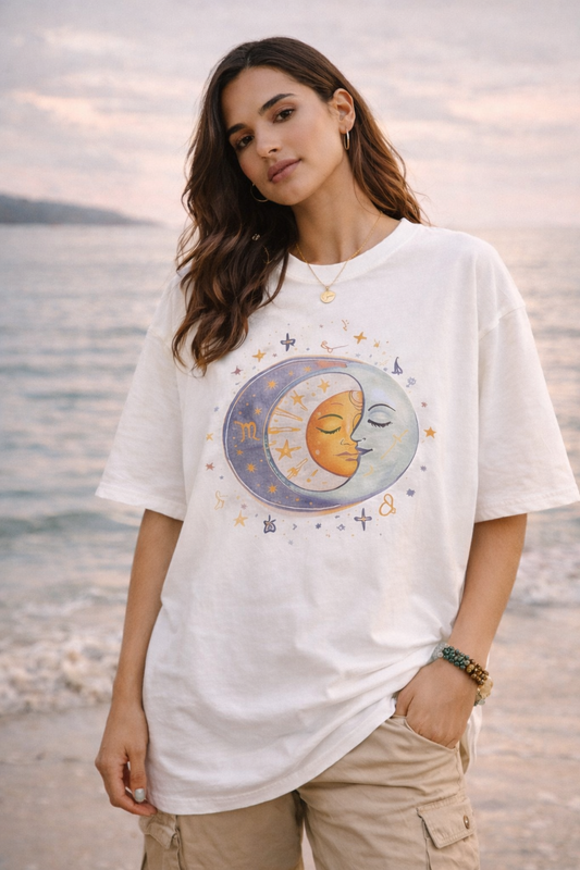 Astrologic India – Cosmic Energy Oversized T-Shirt for Women | Sun & Moon Graphic | Spiritual Aesthetic Tee